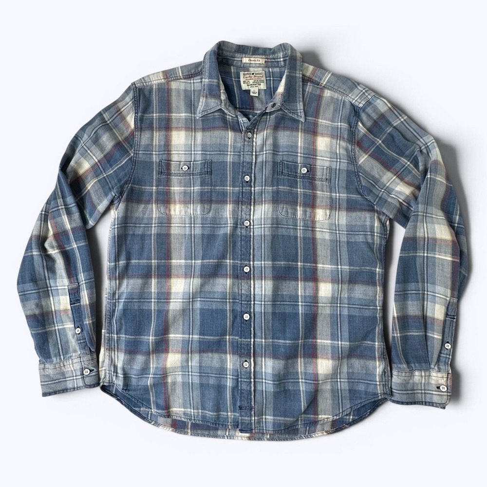 Lucky Brand Classic Fit Plaid Shirt Blue Enamel Button Western Cowboy Layer Sz L